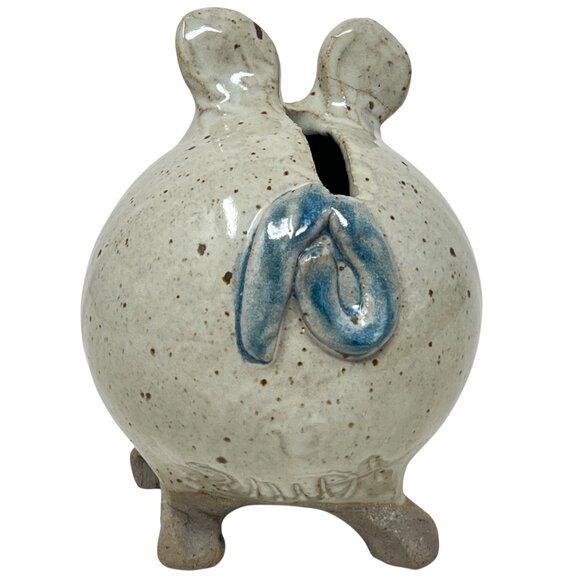 Handcrafted Ceramic Glazed Pottery Beige Blue Piggy Bank Cork Stopper Signed - Picture 5 of 8